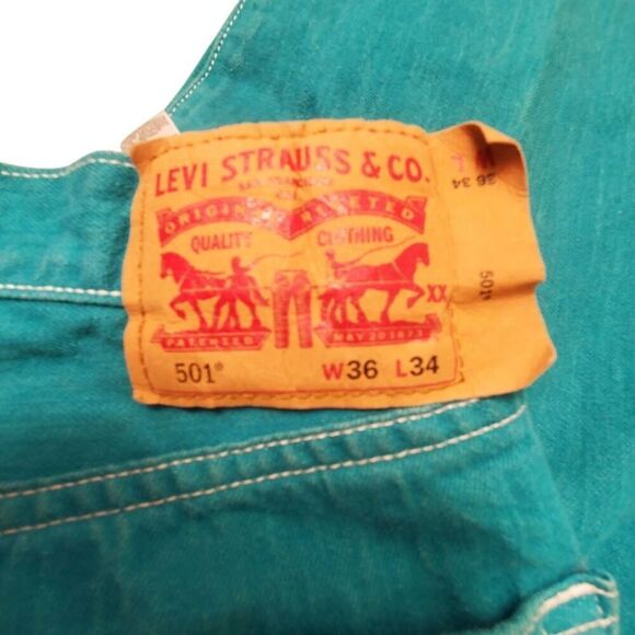 Levi's Original 501 Button Fly Jeans Men's Sz 36X34 Rare Bright Teal Blue Color - Picture 4 of 9